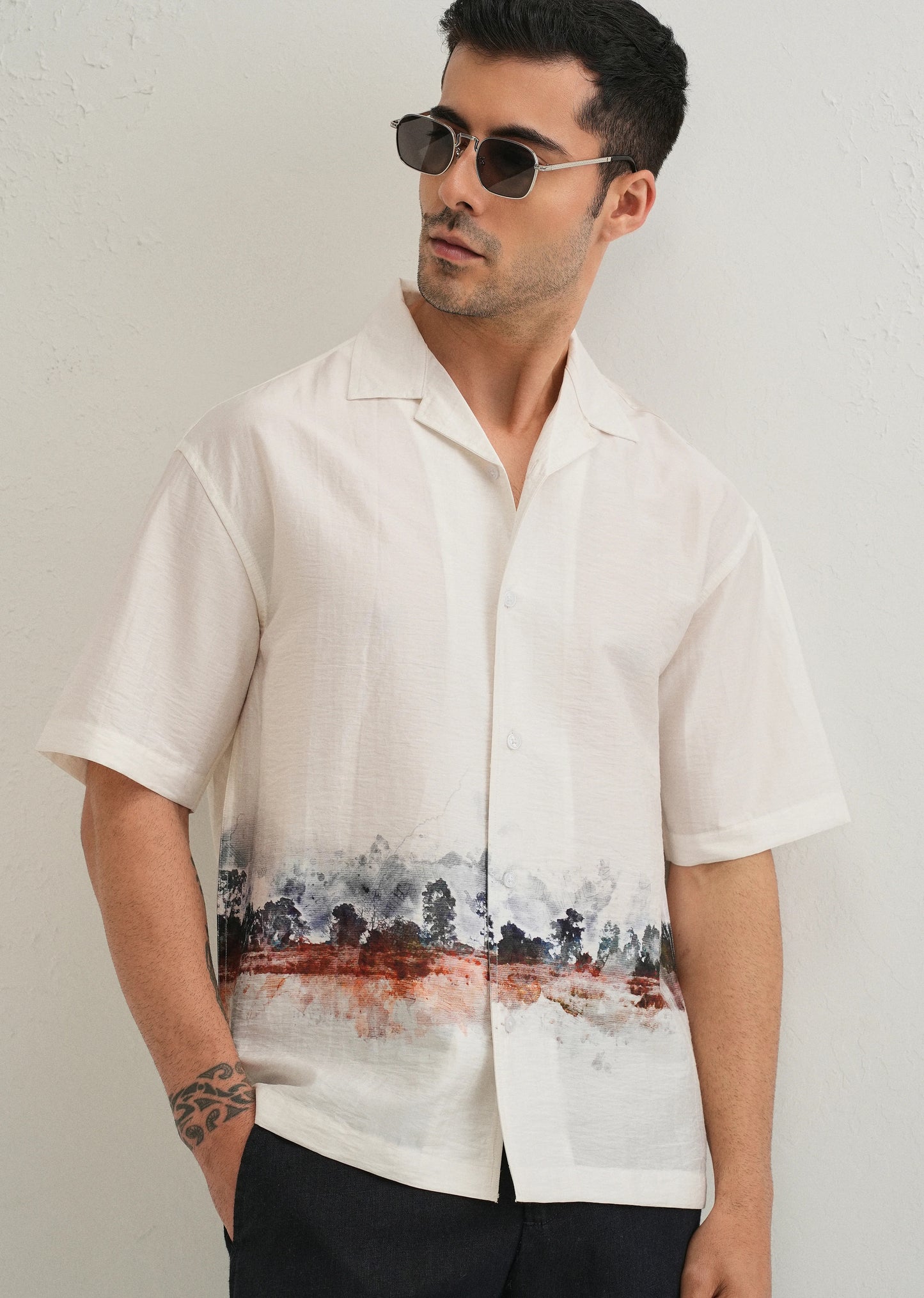 Stemlys Men's White Abstract Landscape Placement Print Half Sleeve Shirt | Premium Resort Fit Casual Shirt