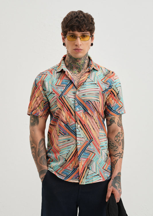 Stemlys Men's Multicolor Abstract Geometric Printed Casual Half Sleeve Shirt | Premium Resort Fit Designer Shirt