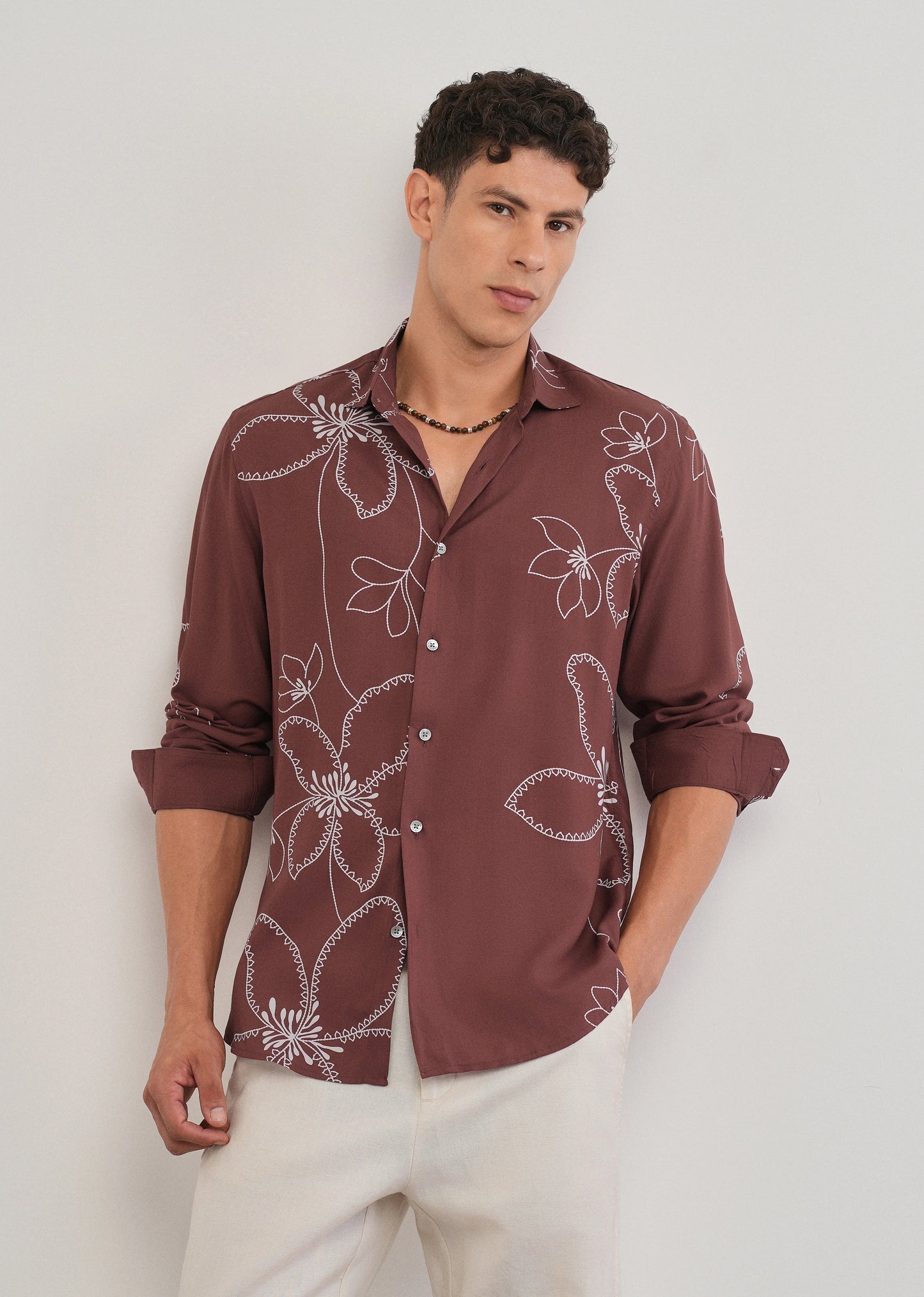 Stemlys Men's Brown Floral Printed Casual Full Sleeve Shirt | Premium Relaxed Fit Designer Shirt