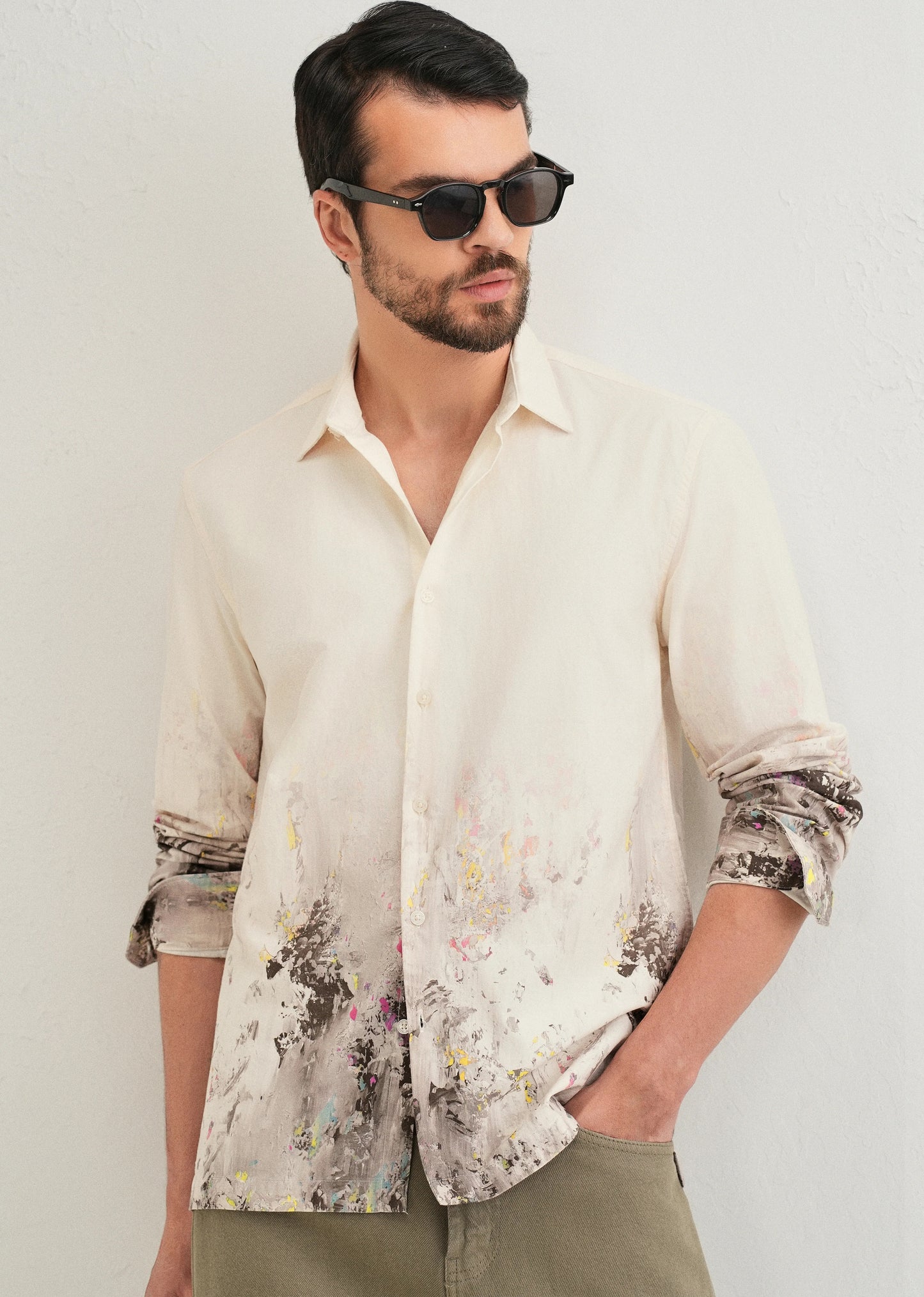 Stemlys Men's Beige Abstract Splatter Printed Casual Full Sleeve Shirt | Premium Artistic Designer Shirt