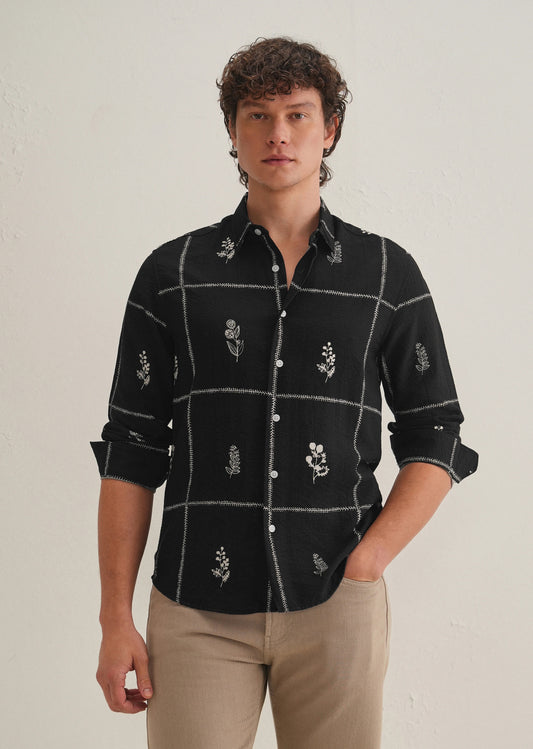 Stemlys Men's Black Floral Grid Printed Casual Full Sleeve Shirt | Premium Relaxed Fit Designer Shirt