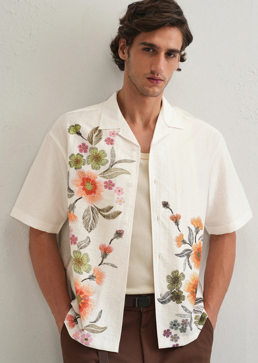 Stemlys Men's White Floral Placement Print Cuban Collar Shirt | Premium Half Sleeve Resort Wear Shirt