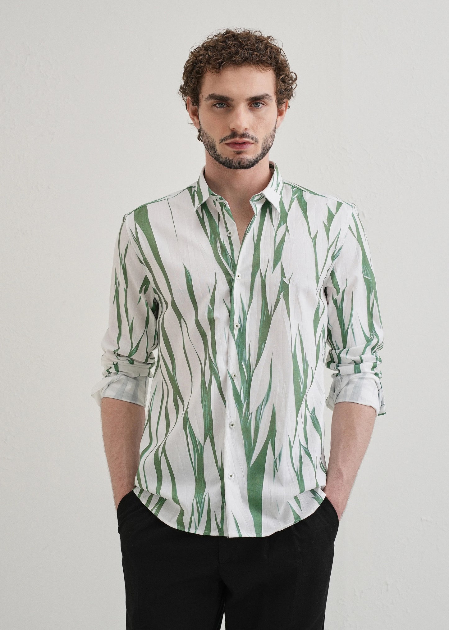Stemlys Men's White & Green Abstract Botanical Printed Casual Full Sleeve Shirt | Premium Relaxed Fit Designer Shirt