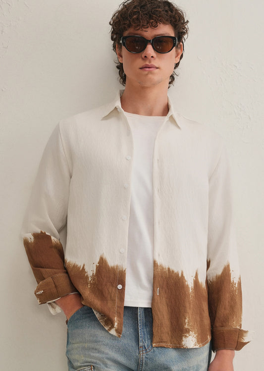 Stemlys Men's White & Brown Dip-Dyed Casual Full Sleeve Shirt | Premium Cotton Blend Oversized Fashion Shirt